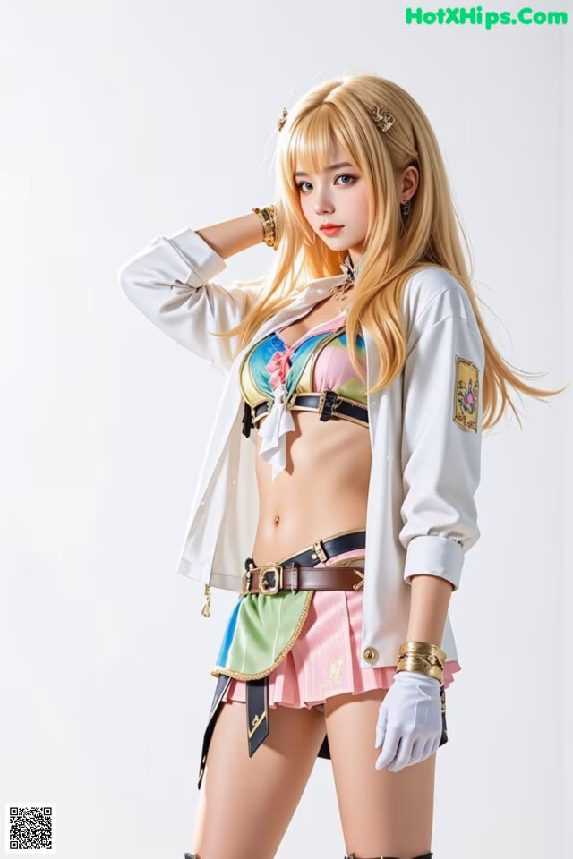 A woman in a white jacket and pink skirt posing for a picture.
