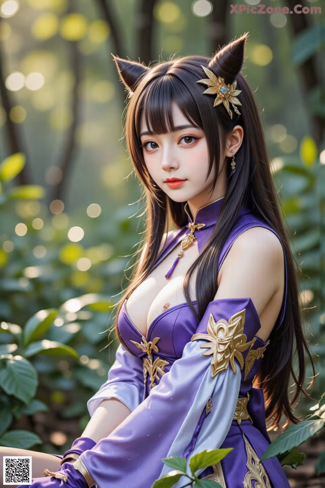 A woman in a purple dress sitting in the woods.