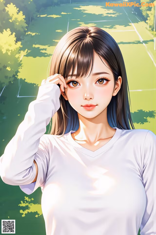 A woman in a white shirt standing on a tennis court.