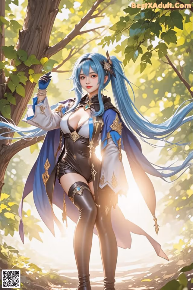 A woman with long blue hair standing in the woods.