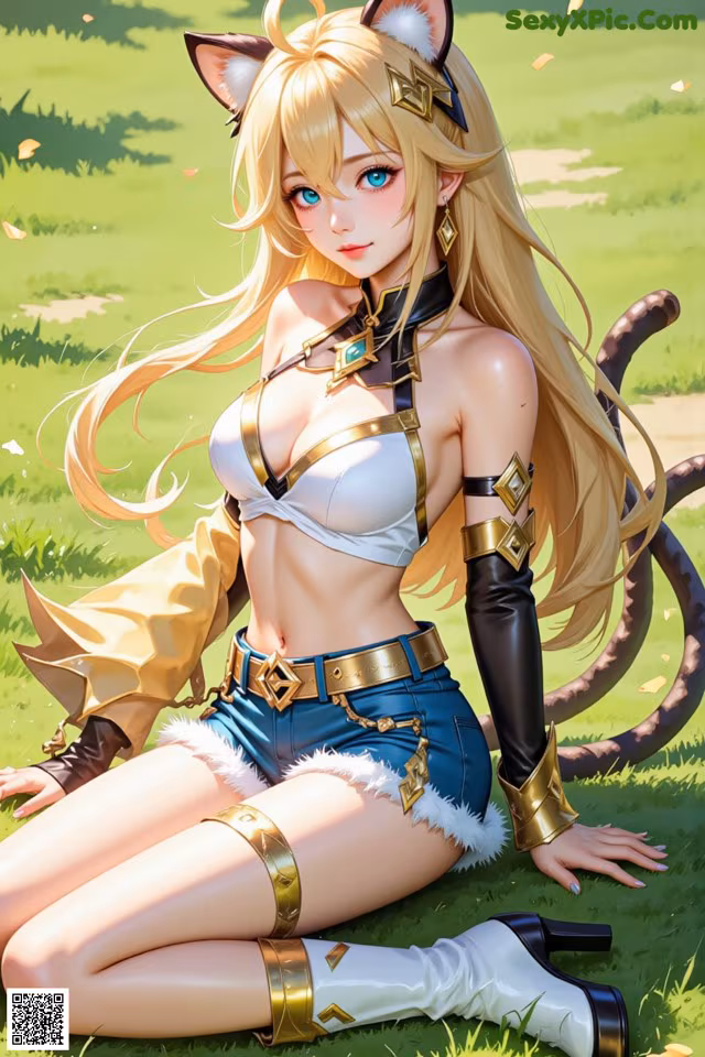A woman with long blonde hair sitting on the grass.