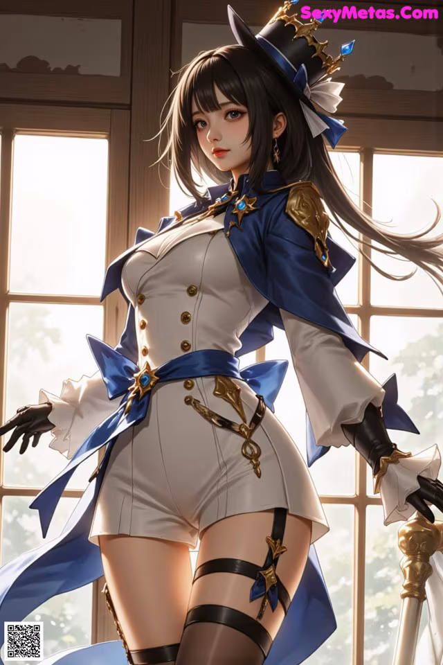 A woman in a blue and white outfit holding a sword.