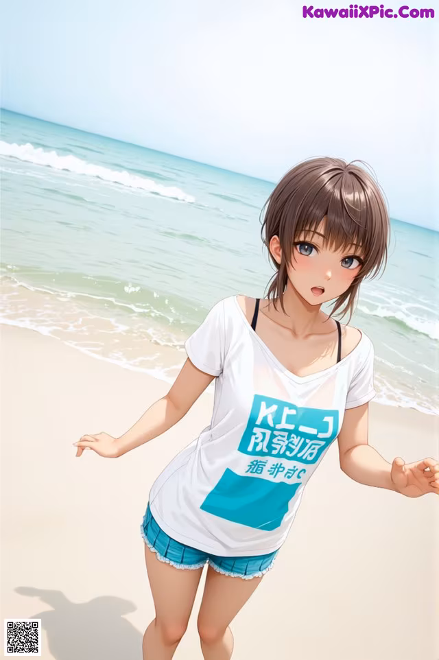 A woman standing on a beach next to the ocean.