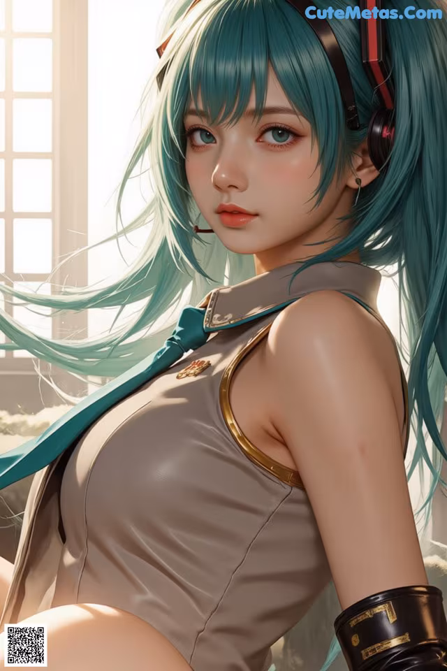 A woman with long green hair wearing headphones.