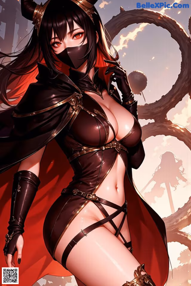 A woman in a black and red outfit with horns on her head.