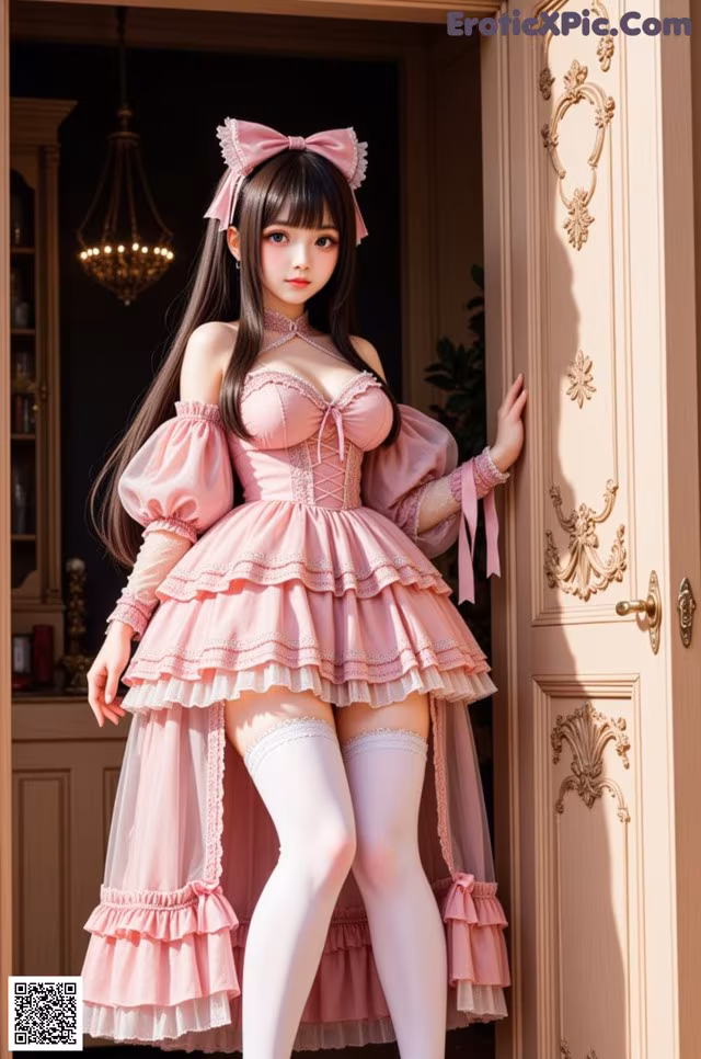 A woman in a pink dress and white stockings posing for a picture.