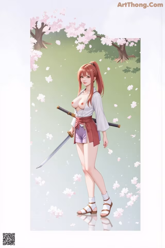 A woman with red hair in a ponytail, wearing a white top and purple shorts, holding a sword, standing under cherry blossoms.