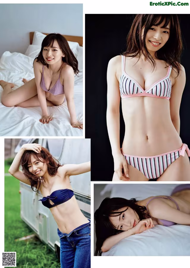 A woman in a bikini laying on a bed.