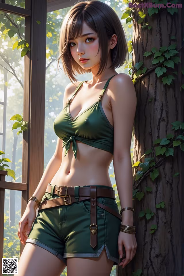 A woman in a green bikini top and shorts leaning against a tree.