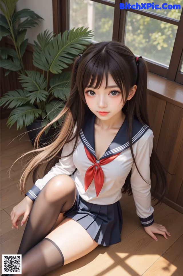 A woman in a school uniform sitting on the floor.