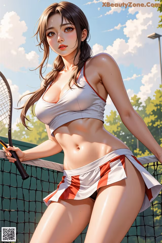 A woman in a bikini holding a tennis racket.