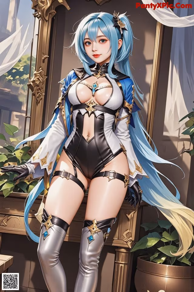 A woman with long blue hair wearing a black and white outfit.
