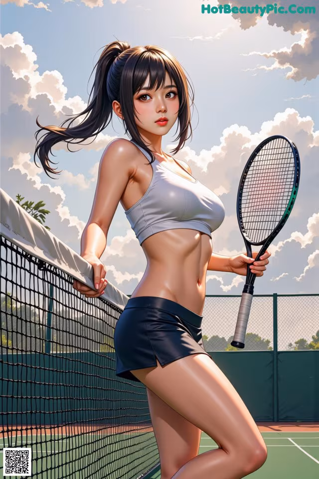 A woman holding a tennis racket on a tennis court.
