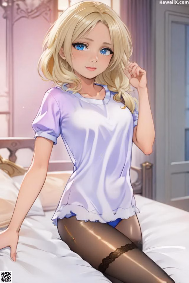 A woman in a white shirt and black stockings sitting on a bed.