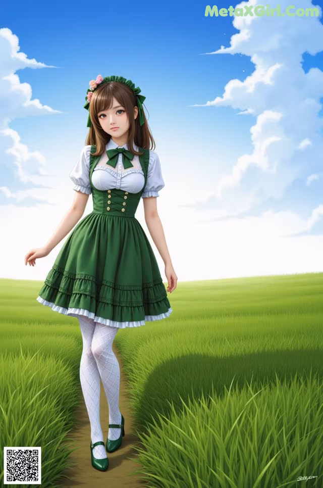 A girl in a green dress is walking through a field.