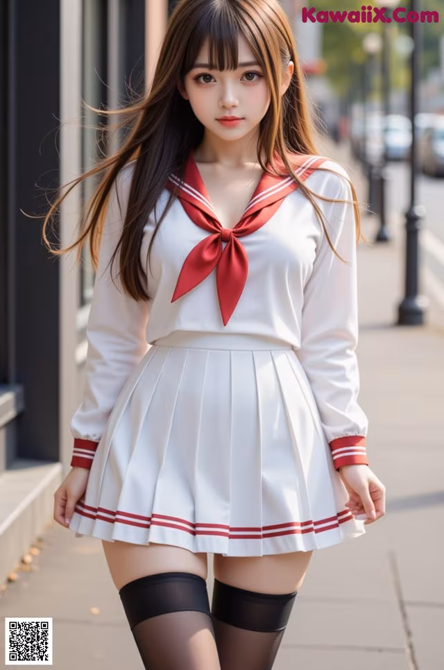 A woman in a white and red school uniform is walking down the street.