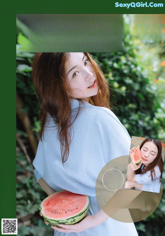 A woman holding a watermelon in front of a green background.