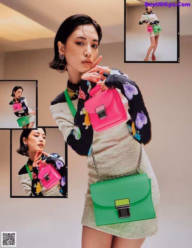 A woman holding a pink and green bag in a magazine.