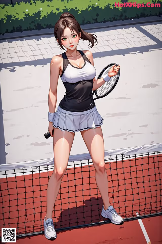 A woman holding a tennis racket on a tennis court.