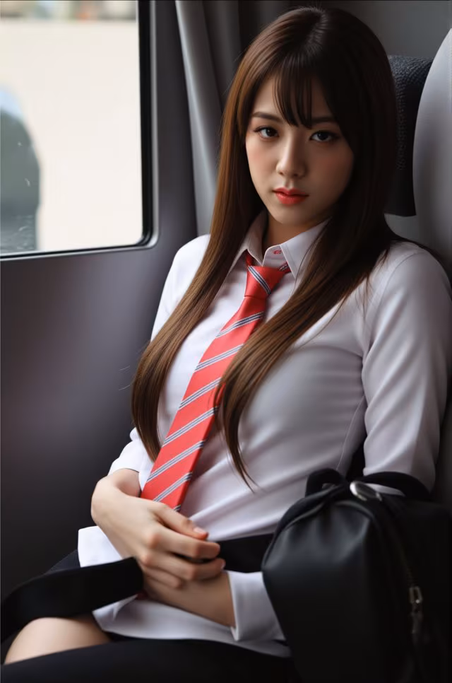 A woman in a white shirt and red tie sitting in a car.