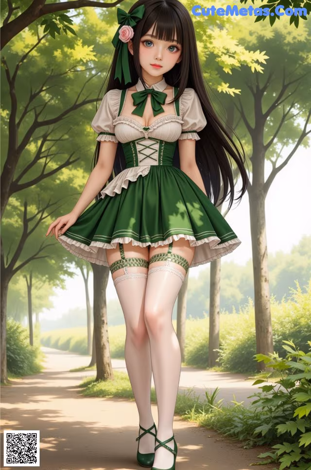 A girl in a green dress is walking down a path.