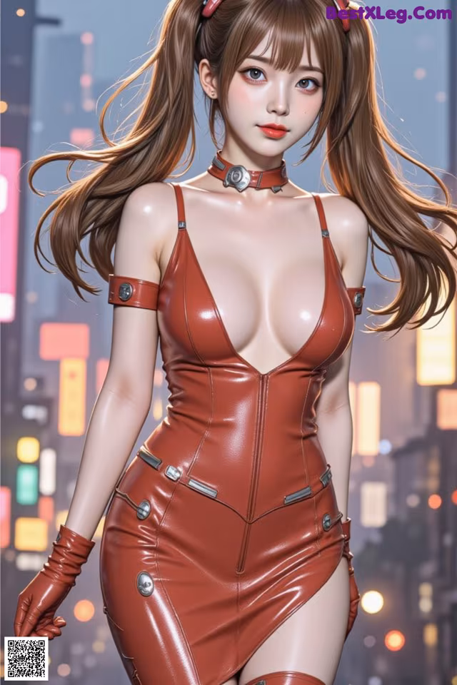 A woman in a red leather outfit is posing for a picture.