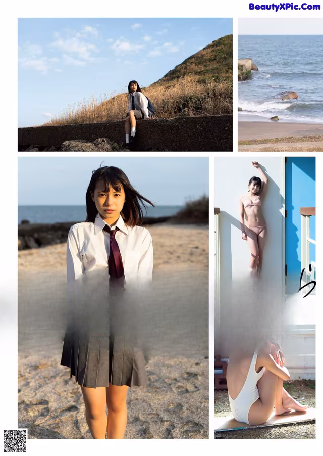 A collage of photos of a woman in a school uniform.