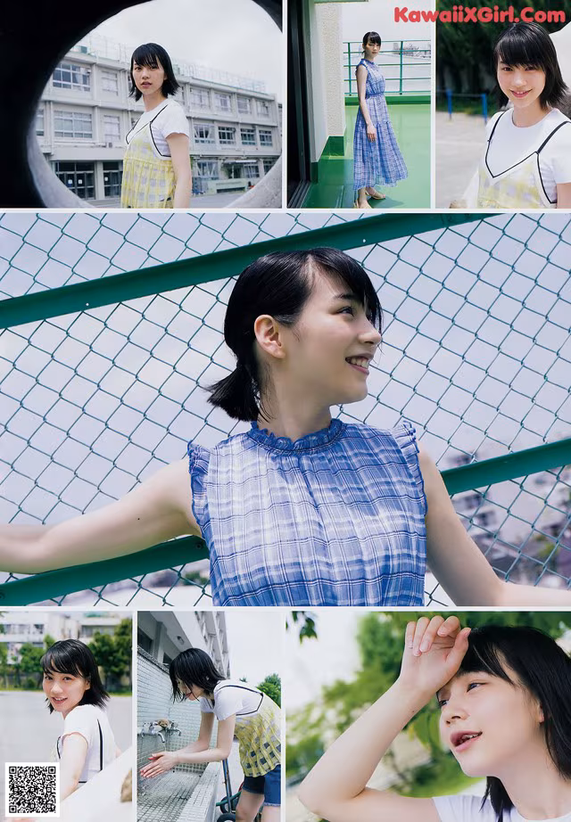 A collage of photos of a woman in a blue and white dress.