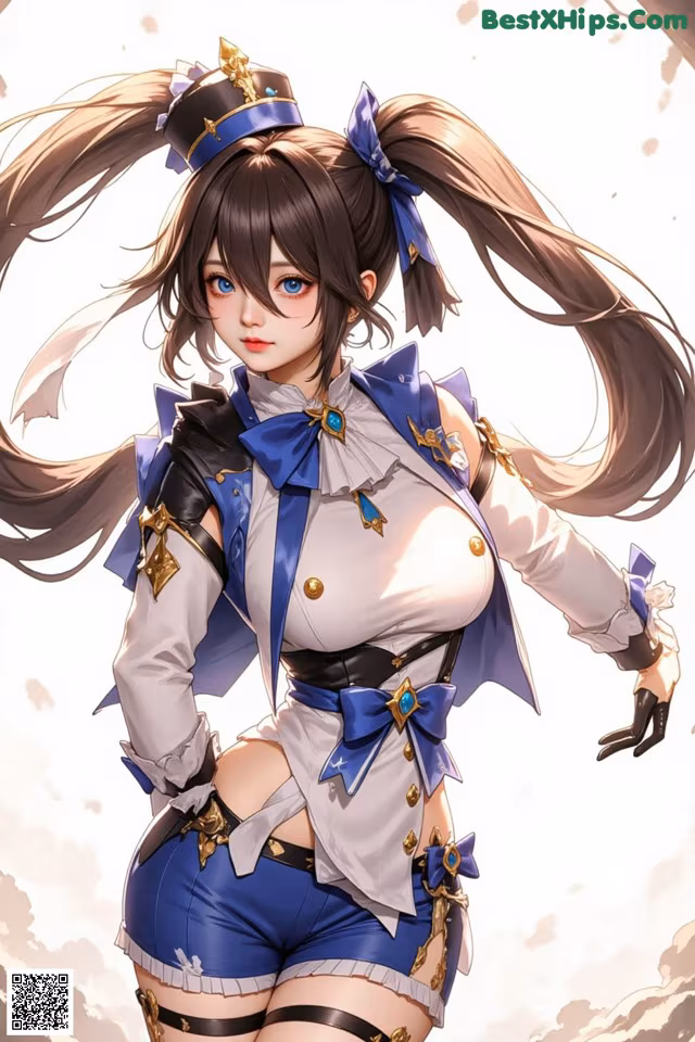 Anime girl with long hair wearing a blue and white outfit.